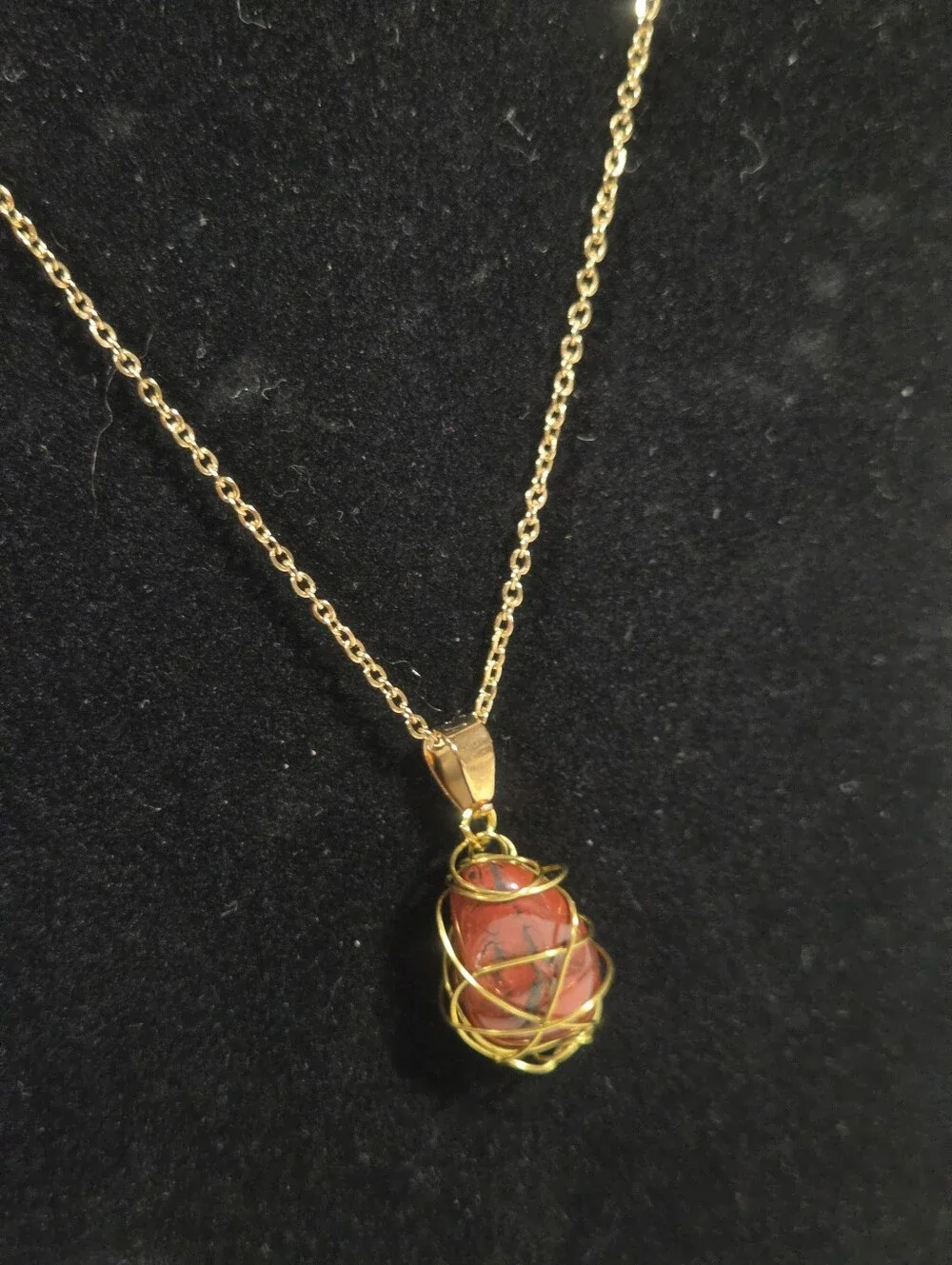 Handcrafted Gold Wire-Wrapped Red Jasper Stone Pendant Necklace